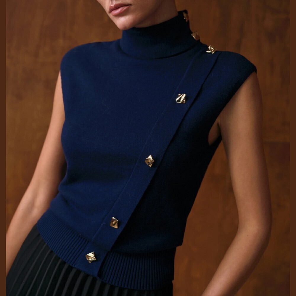 Navy Blue Knit Turtleneck Sleeveless Cardigan Vest with Gold Studs